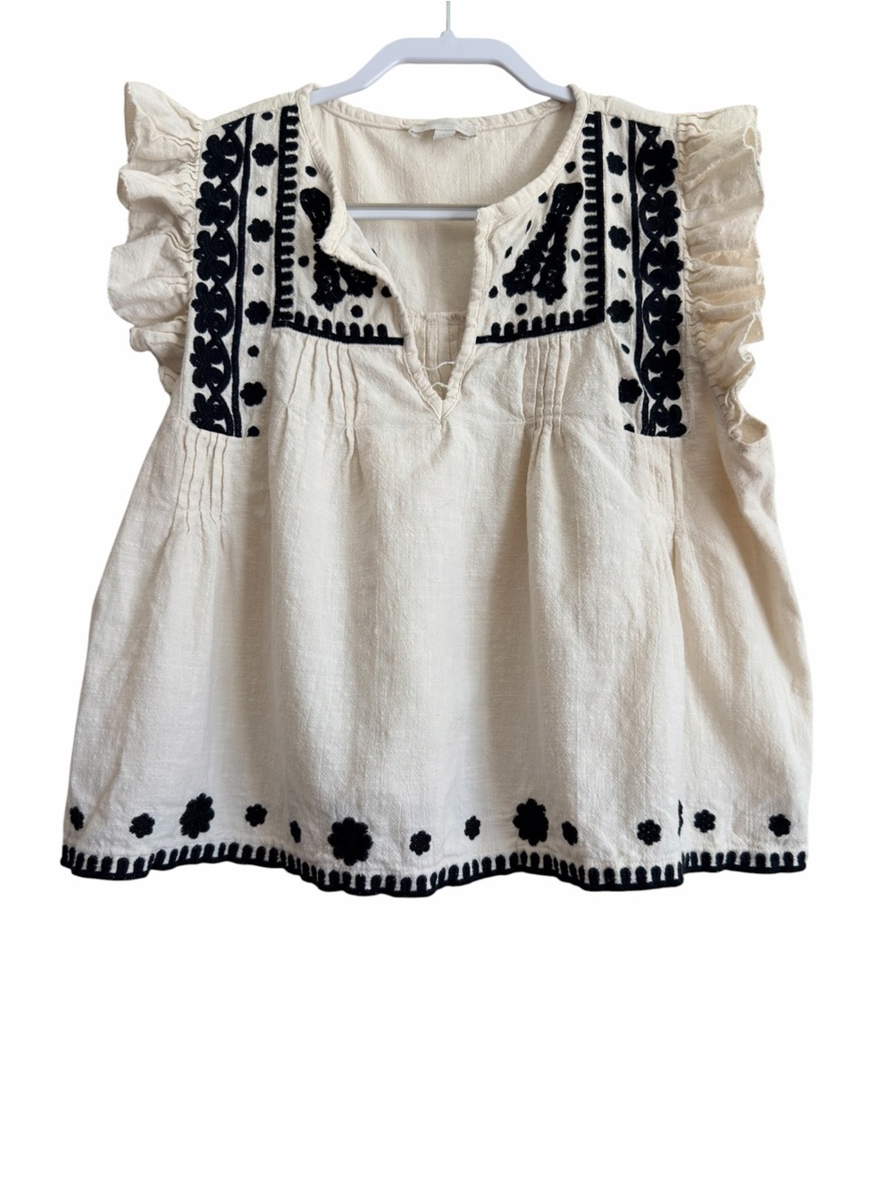 Jennifer & Grace Cream Embroidered Flutter Sleeve Boho Style Blouse Size Large
